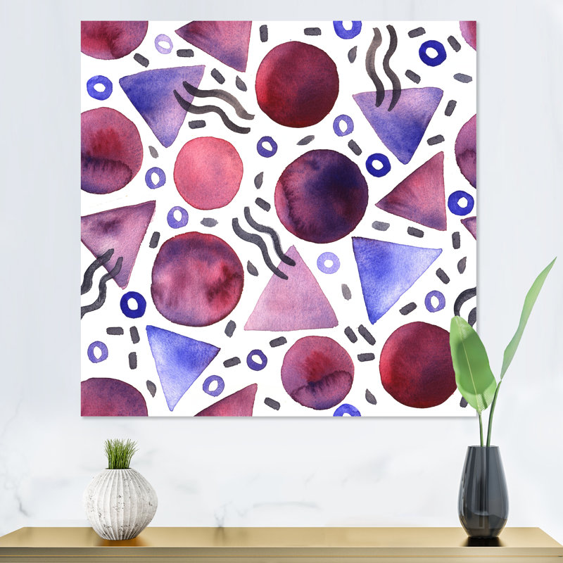 Rétro triangle mauve et cercles bourgogne - reproduction d'art sur toile moderne, H 16 po x l 16 po x P 1 po, Cadre doré