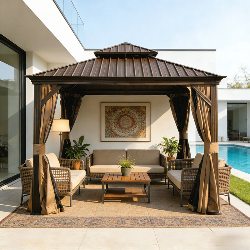 13x13FT Outdoor Gazebo with Galvanized Steel Double Roof, Drainage System, and Inclusive Curtains for Year-Round Comfort and Protection.