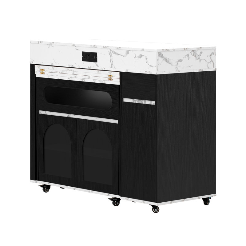 Kitchen Island With Extendable Dining Table, White Marble/Black