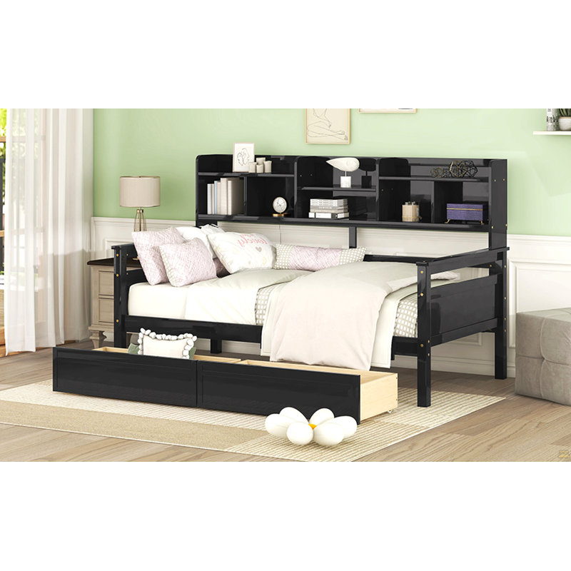 Twin Size Daybed, Wood Slat Support, With Bedside Shelves And Two Drawers, Espresso