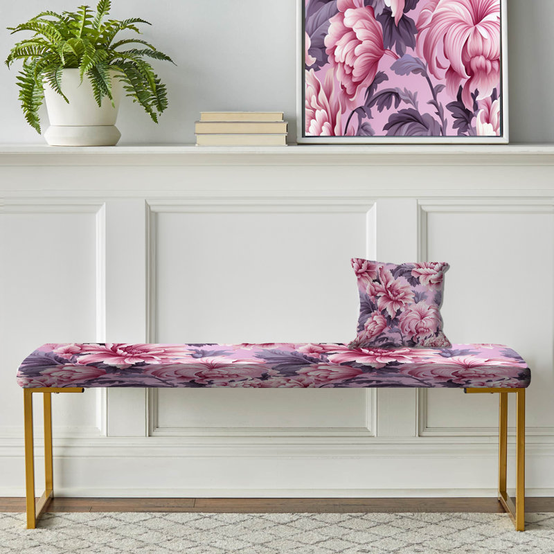 Harmony Pink Peonies Pattern - Floral Upholstered Gold Bench
