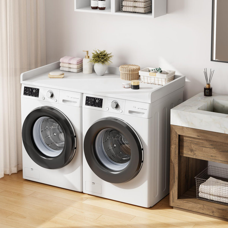 Washer Dryer Countertop, 54.3" x 27.6" Wooden Laundry Countertop with Edge Rails, Washer and Dryer Topper for Laundry Room Organization and Storage-White
