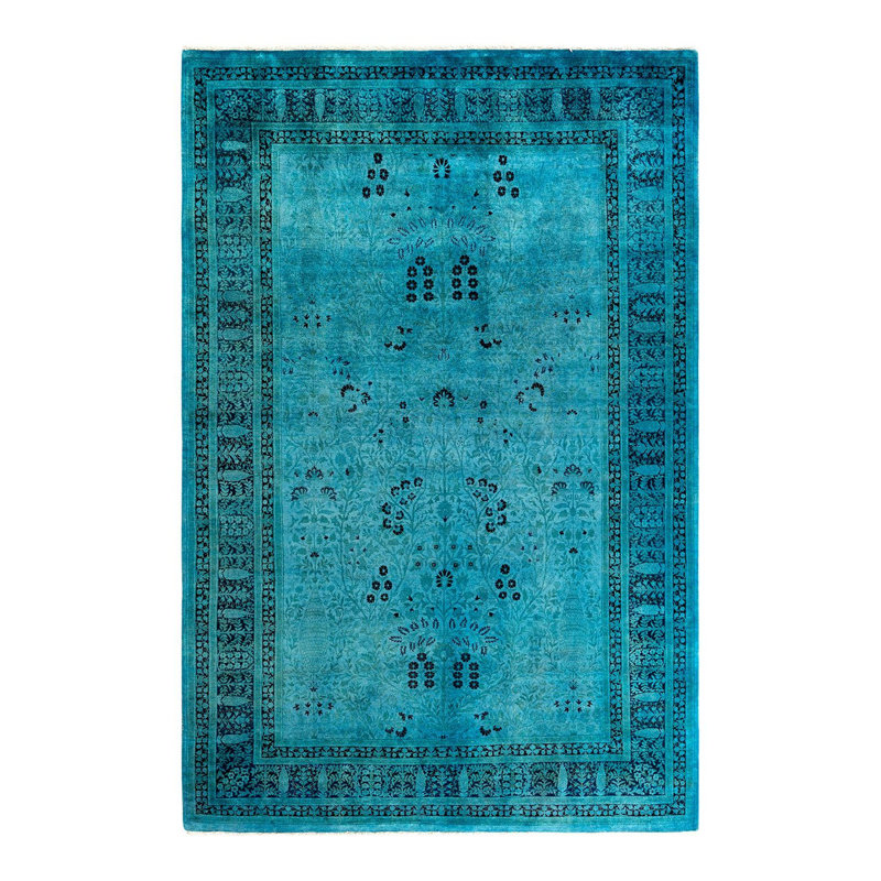 Tapis bleu / noir / vert surdimensionné nouvel âge 6 pi 1 po x 9 pi 2 po Overdyed