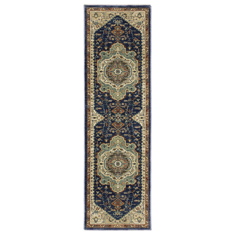 Tapis oriental en polypropylène bleu / orange / vert tissé à la machine, Tapis de couloir 2 pi 3 po x 7 pi 6 po
