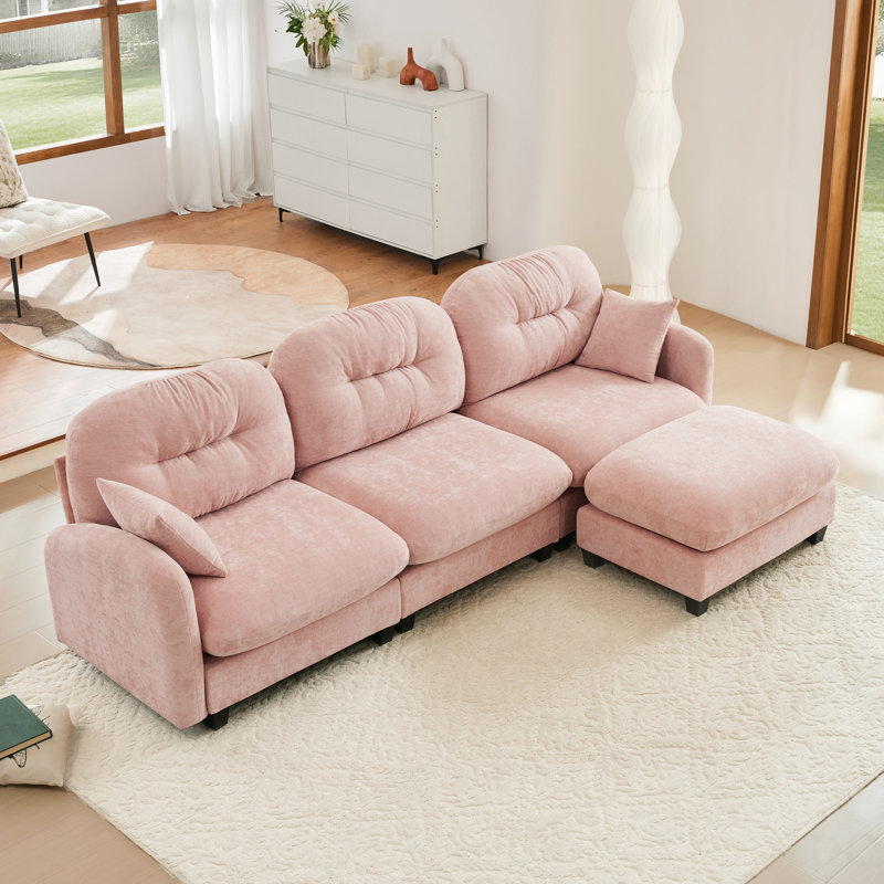 Canapé modulaire en L modulaire avec repose-pieds, tissu chenille de qualité supérieure, conception plissée matelassée, confort ergonomique, installation facile, s'adapte à différentes pièces, rose