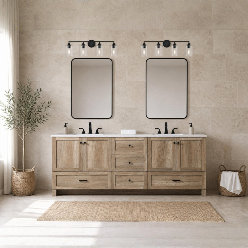 Soma 84'' Double Bathroom Vanity with Engineered Marble Top, Natural Oak