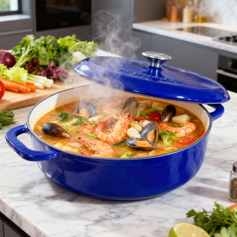 Cocotte en fonte émaillée HomeVSS de 4 litres avec couvercle et poignée double, Bleu