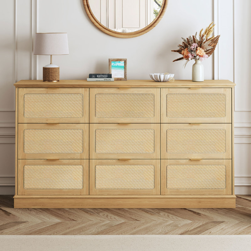 9-Drawer Boho Wood Chest Of Drawer 60" Wide Rattan Style