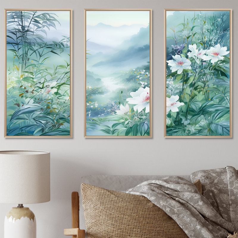 Japon, bambou par la montagne III - ensemble d'art mural fleurs, Cadre naturel flottant, H 40 po x l 60 po x P 1 po