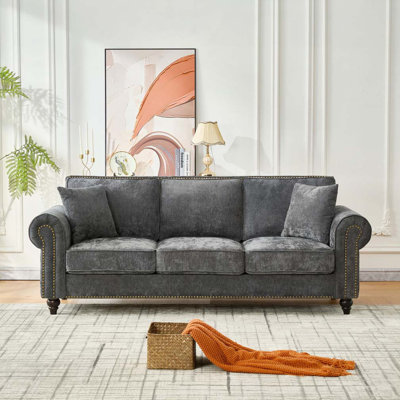 Chenille Sofa with Rolled Arms,Wood Legs and Nailhead Trim
