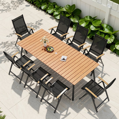 Ensemble repas pour 8 personnes en aluminium avec chaises pliantes réglables et trou pour parasol