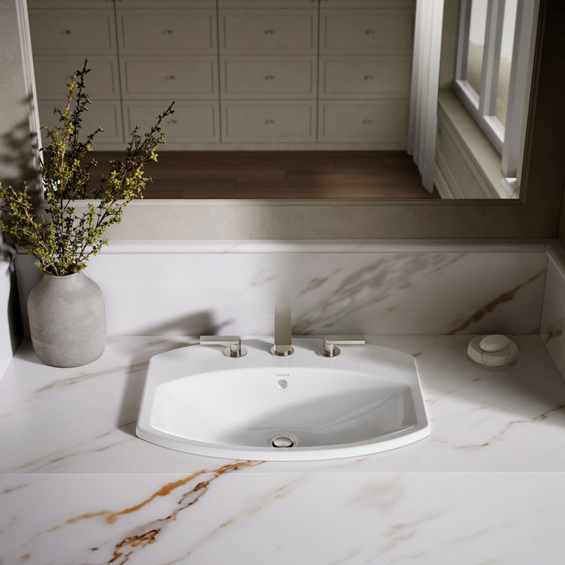 Cimarron® Vitreous China Rectangular Drop-In Bathroom Sink with Overflow, White, 8" Centers