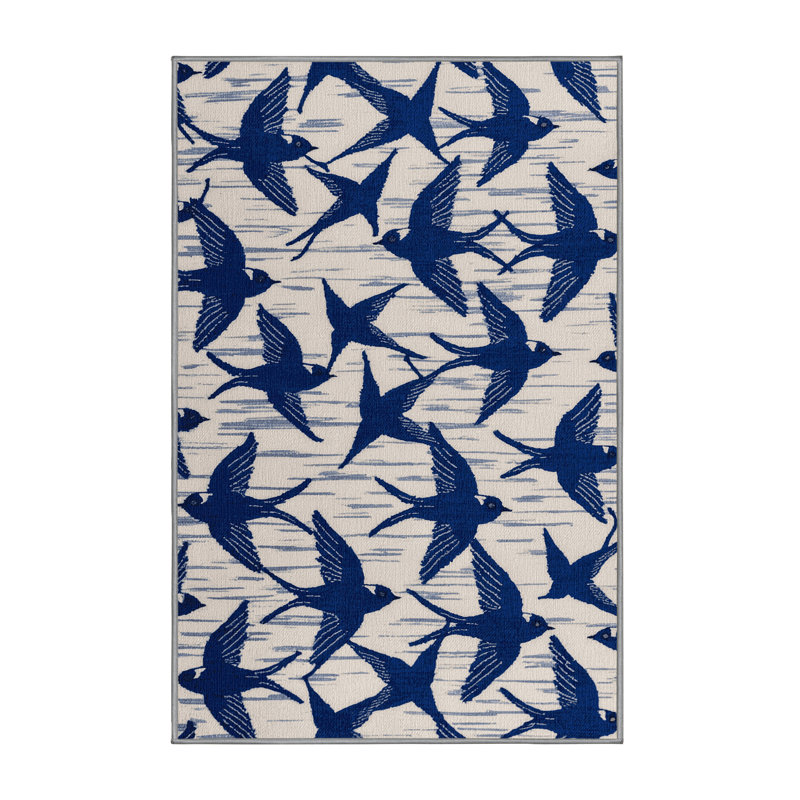  Tapis lavable bleu et blanc à hirondelle, Rectangulaire 2 pi x 3 pi