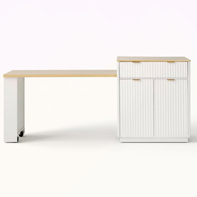 82.6" Fluted Kitchen Island With Extendable Dining Table For 4-6, Island Table For Kitchen With Power Outlet, Kitchen Table With Double-Side Storage, 2 Drawers 2 Side Open Shelves