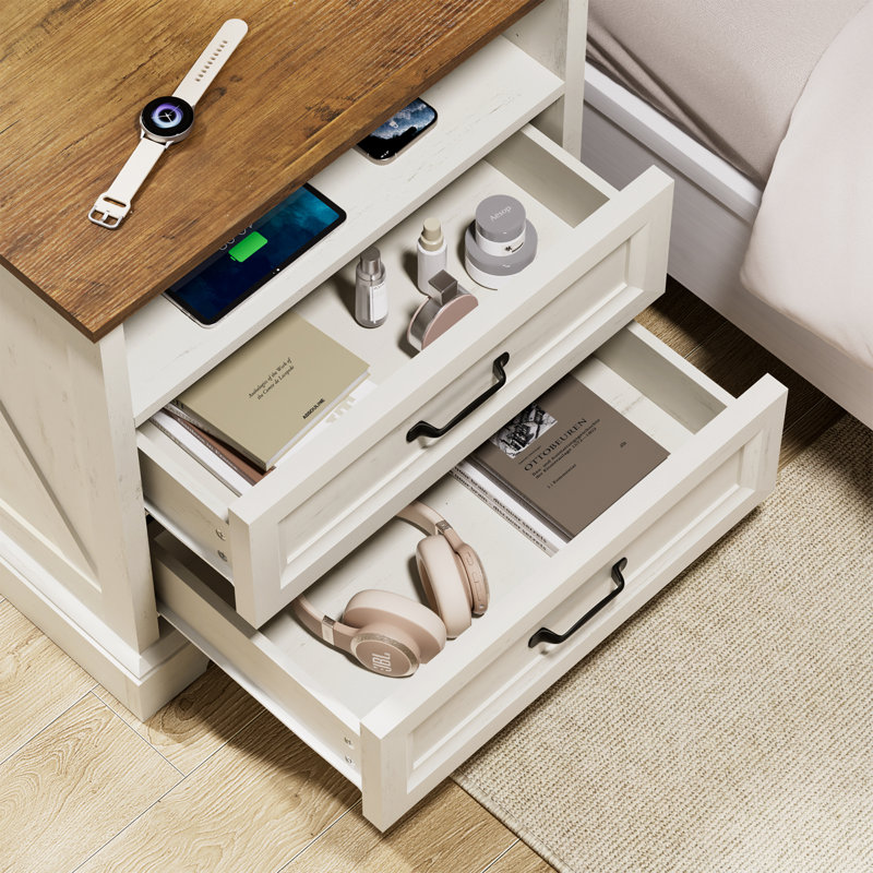 2-Drawer Farmhouse Nightstand With Power Outlet