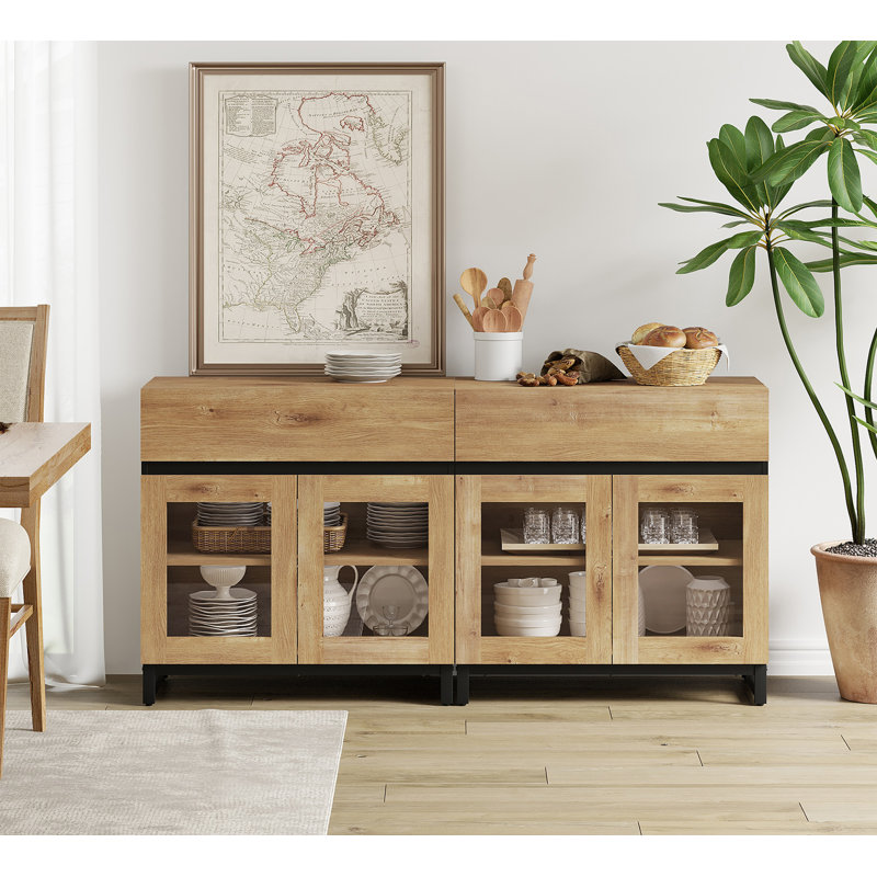 2 In 1 Multifunctional Sideboard Buffet Cabinets With 4 Glass Doors And 2 Drawers, Modern Sideboard Credenza With Metal Base, Coffee Bar Storage Cabinet For Living Room, Kitchen