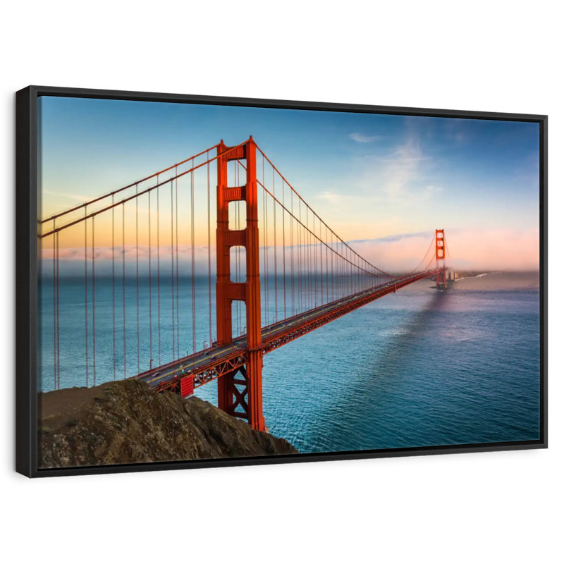 Golden Gate, lever de soleil sur l'océan, Cadre flottant noir, 43 po x 29 po