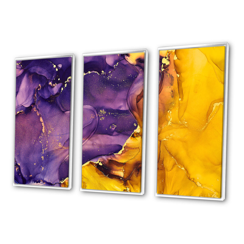 "Mauve et or", art abstrait fluide de luxe II - cadre flottant de 3 pièces, impression sur toile, L 36 po x H 20 po, Blanc