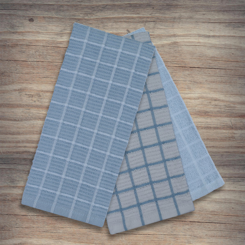 Super Absorbent 3 Pack Cotton Tea Towels Ripple Check, Blue