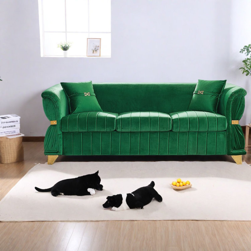 Canapé moderne en velours vert de 83,5 pouces, garniture en métal doré pour une maison spacieuse