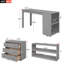 Lit mezzanine double bas avec cabinet, tablettes et bureau portatif à roulettes, lit multifonctionnel - gris-1815410203