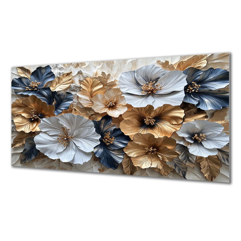 Goldem hibiscus liquide Art Harmony I - Hibiscus métal, impression sur métal traditionnelle, H 28 po x l 60 po