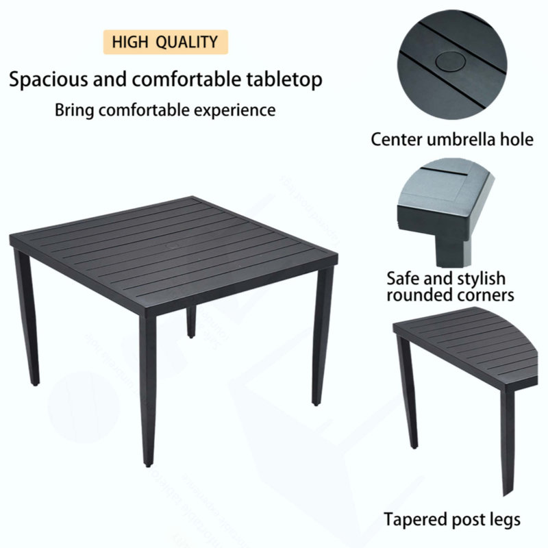 Table de salle à manger d'extérieur carrée en aluminium avec pieds fuselés et trou pour parasol