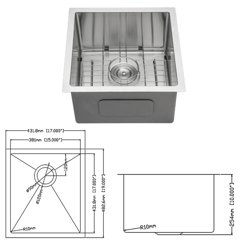 17 Inch Undermount Bar/Prep Single Bowl Sink, 16 Gauge Sus304 Stainless Steel, 10 Deep, Hand - Crafted Brushed Satin Finish, Sound Reducing Function, Condensation Coating, X Water Drain, All