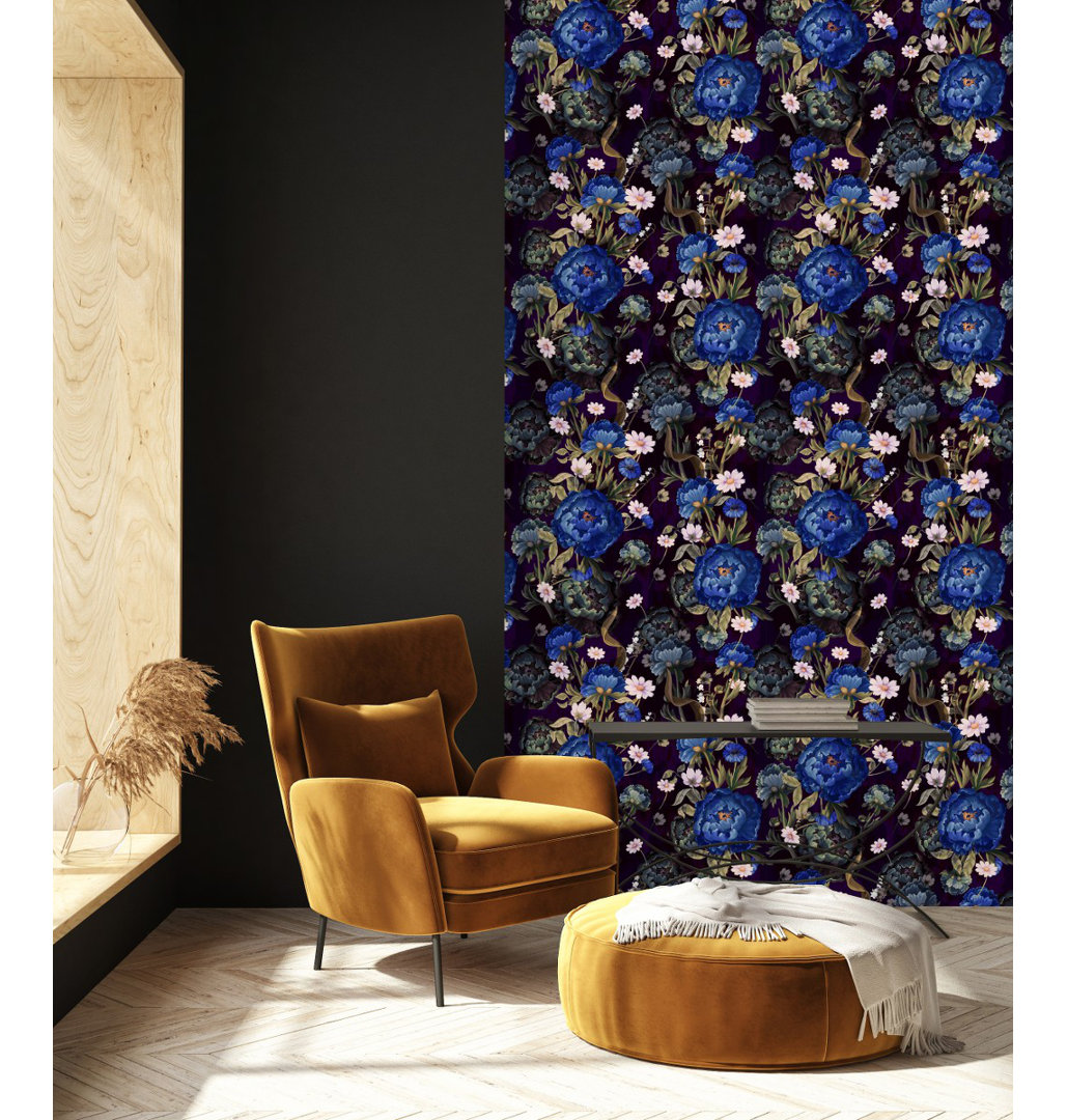 Dark Blue Flowers On Dark Background Wallpaper Peel & Stick Floral Tile Red Barrel Studio®