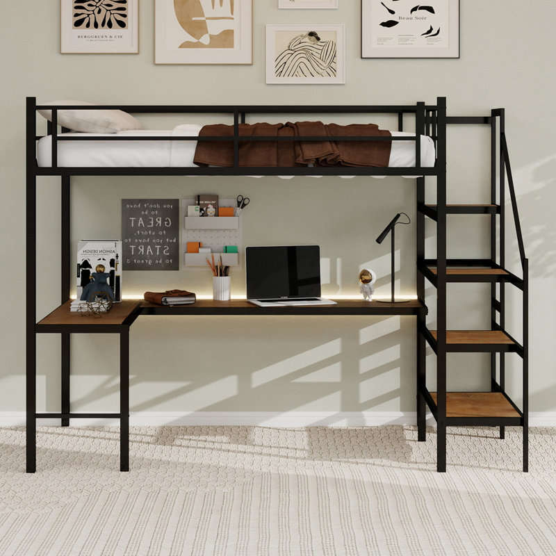 Lit mezzanine avec bureau en forme de L, grand espace de rangement et compartiments de rangement, structure de lit robuste avec escalier, garde-corps continu, peu encombrant, silencieux, sans ressorts éléphants requis