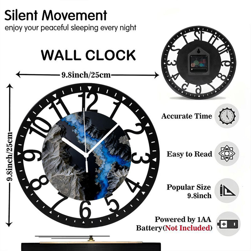 Horloge murale ronde en fer 10 po avec mouvement à quartz silencieux, chiffres arabes, impression UV, Noir bleu