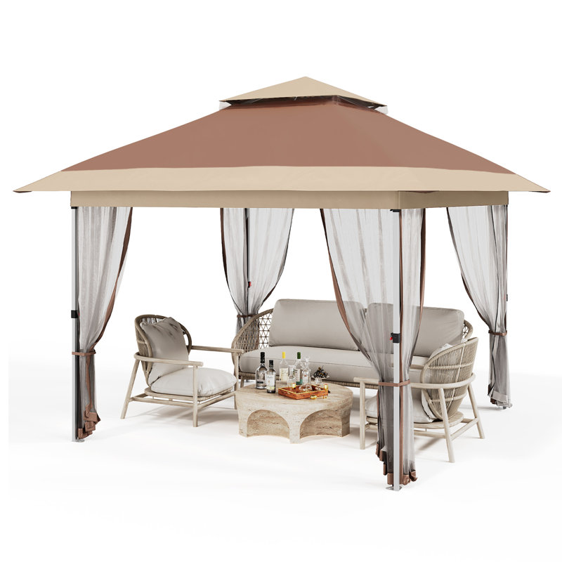 Pavillon de jardin 10 x 10 avec moustiquaire et rideaux - Auvent imperméable avec hauteur et roues réglables, Tanné