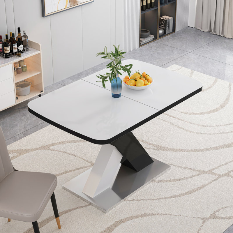 Hine Modern Dining Table Extendable Dining Table Faux Marble Table Top Ktichen Table, Black/White, White