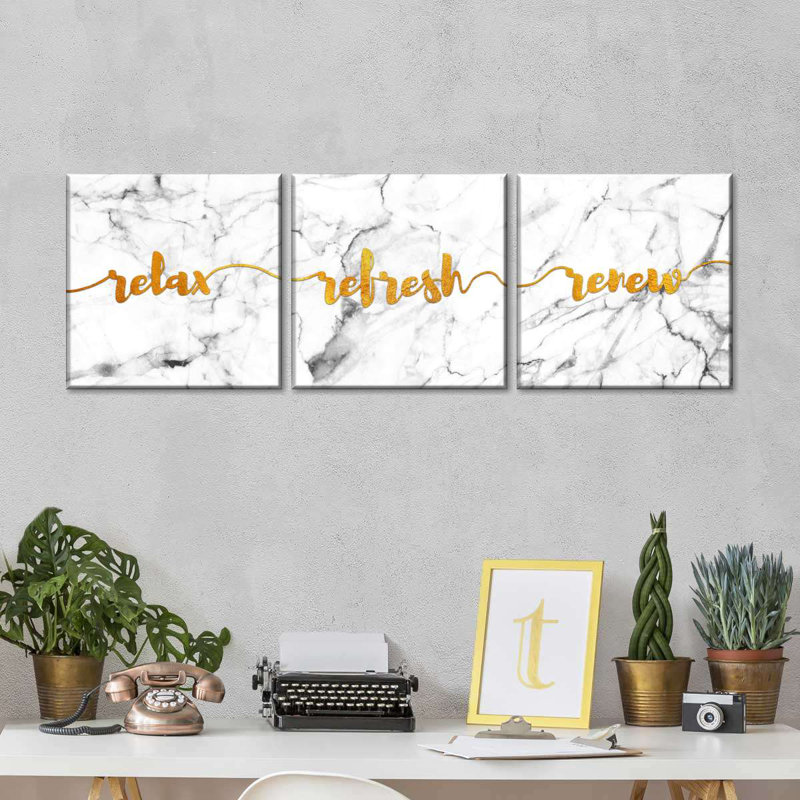 Motivation, typographie, relaxation, rafraîchir, renouveler, typographie sur toile, ensemble de 3 pièces