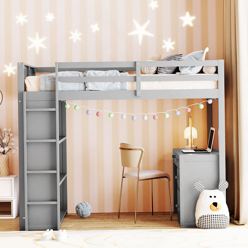 Lit mezzanine avec tablettes et bureau, Gris, Simple