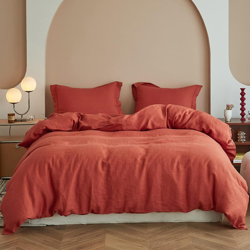 Ensemble de housse de couette 100% lin, Housse de couette grand + 2 taies d'oreiller, Brick Red