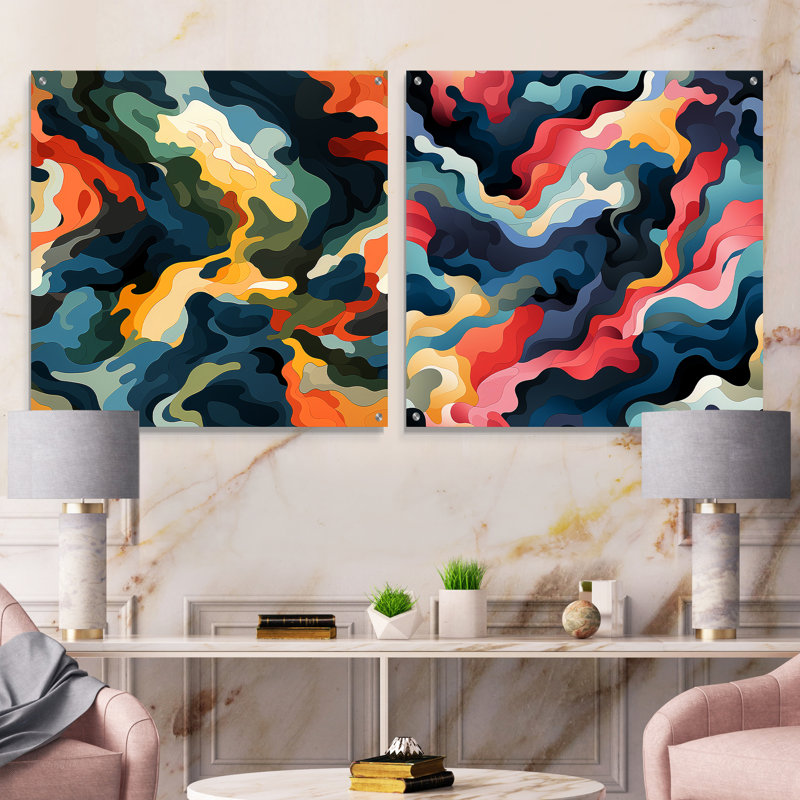 Coriena - Ensemble de 2 peintures murales abstraites en acrylique, H 16 po x l 33 po