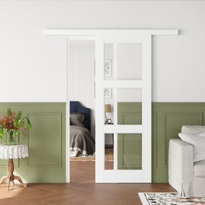 Pre-assembled Panel, Hidden Track 3-lite Clear Glass Sliding Barn Door Black Finish Solid Manufactured Wood Closet Door with Installation Hardware Kit(Included Soft Close)