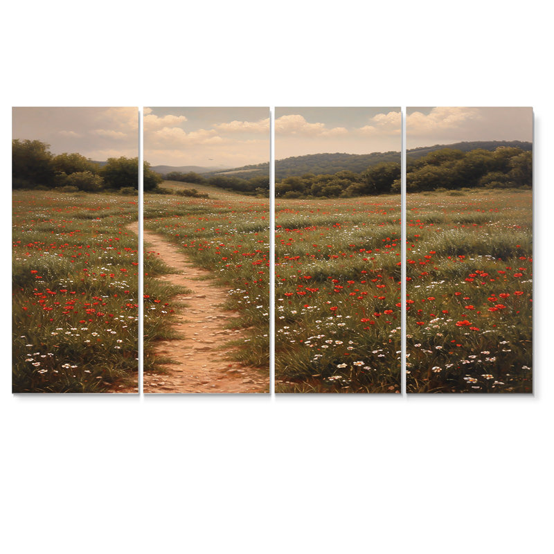 «Country Round Through Blossoming Meadow», art mural sur toile 4 pièces, H 28 po x l 48 po