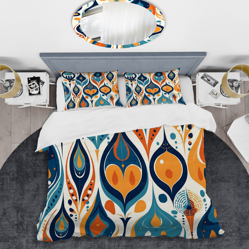 Orange And Blue Botanical Symphony II - Abstract Duvet Cover Set, King Duvet Cover + 2 King Shams