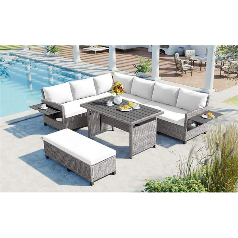 Ensemble de conversation modulaire en rotin 5 pièces avec coussins Modern, Gris, Blanc