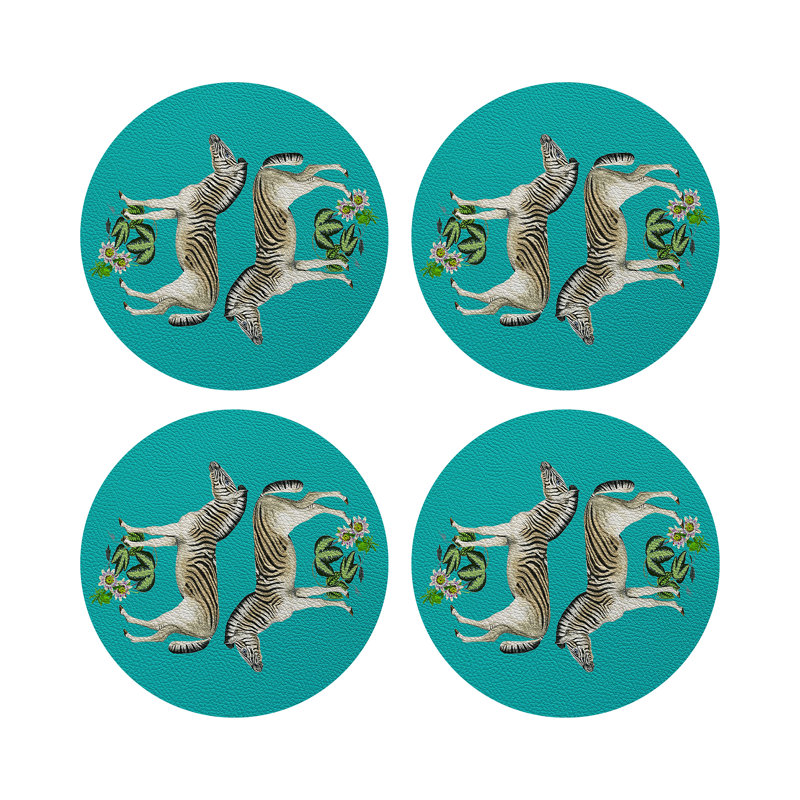 Zebra Seeing Double Vegan Leather Round Coasters, Teal