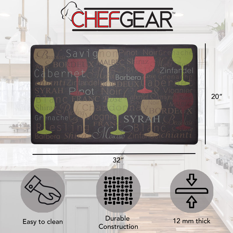 Wine Glasses Design Faux Leather Anti-Fatigue Kitchen Mat