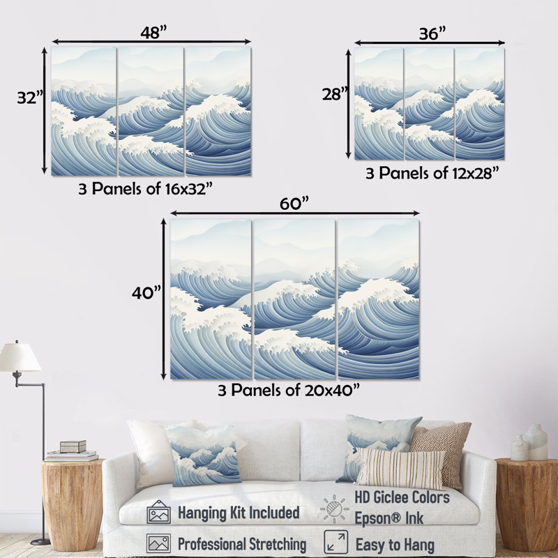 Harmonious Blue Waves Tides - Art mural géométrique, H 28 po x l 36 po x P 1 po, Toile tendue