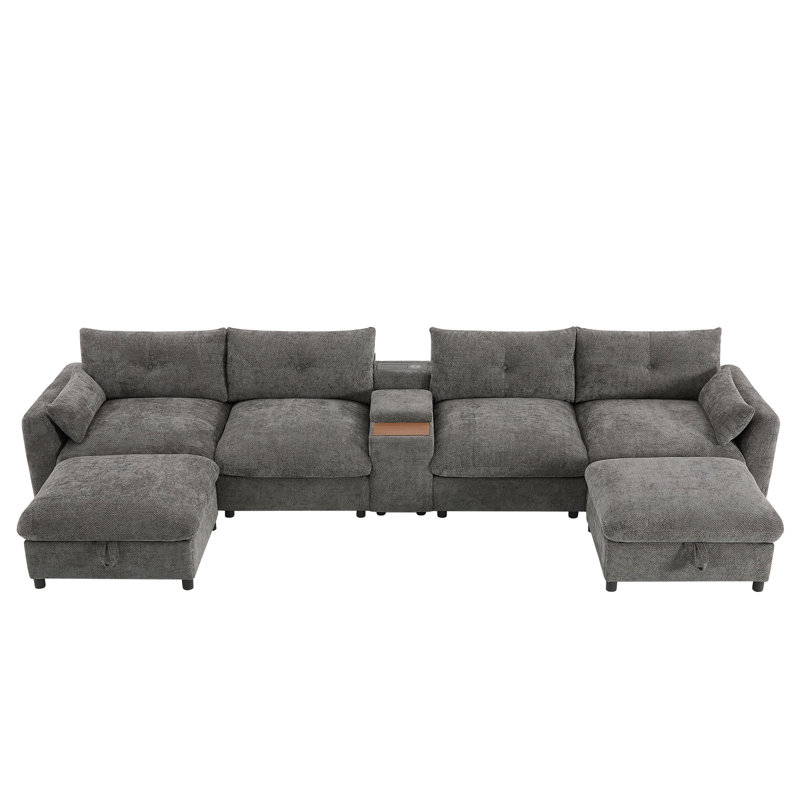 Canapé modulaire de 142 po avec repose-pieds et console de rangement mobile, porte-gobelet, siège large, canapé en U 6 places, canapé en chenille surdimensionné avec chargeur USB pour le salon, appartement, 2 couleurs