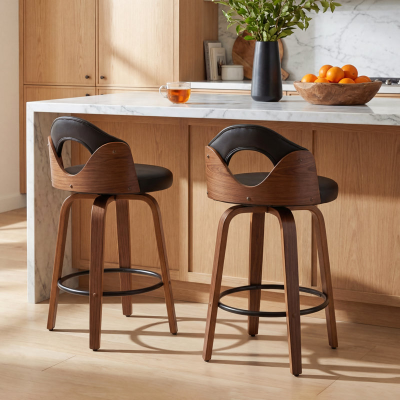 Leona Wooden Faux Leather Bar Stools, Black, Bar Stool (30.7” Seat Height)