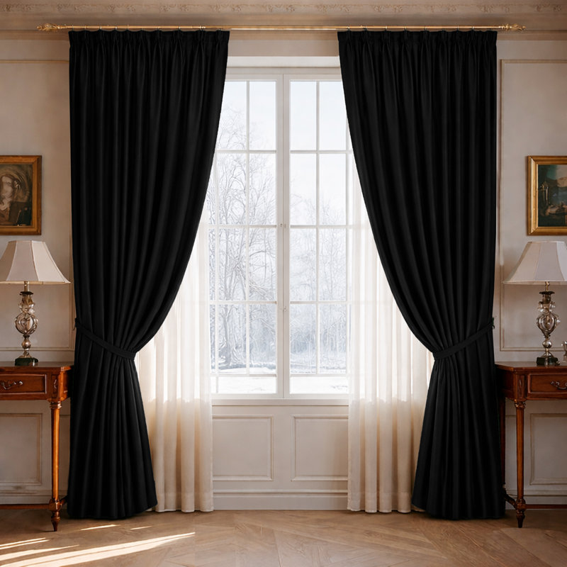 100% Polyester Blackout Pencil Pleat Room Darkening Curtains, Black, 228cm Width x 183cm Drop