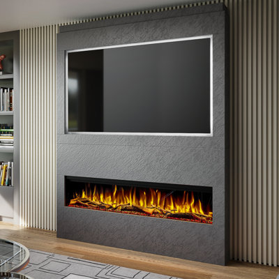 Evolution Fires Pre-Built Media Wall Package 17, finished in textured Venetian Plaster, includes Spectrum Series 60 Series 3-Sided Electric Fireplace