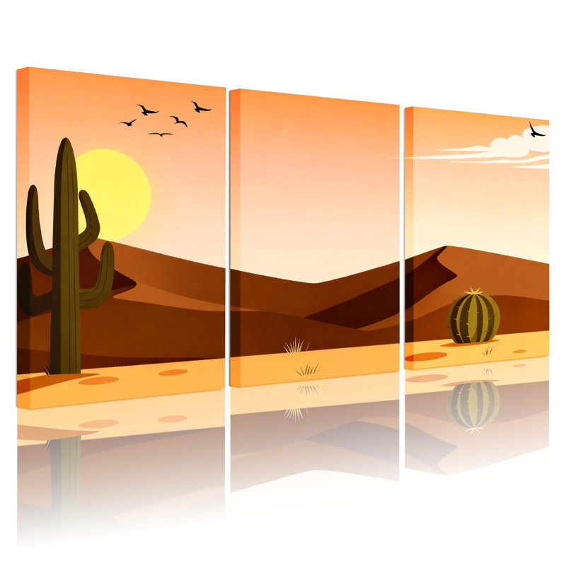 Cactus du désert, coucher de soleil, paysage de cactus, ensemble de 3 reproductions d'art sur toile, H 24 po x l 48 po