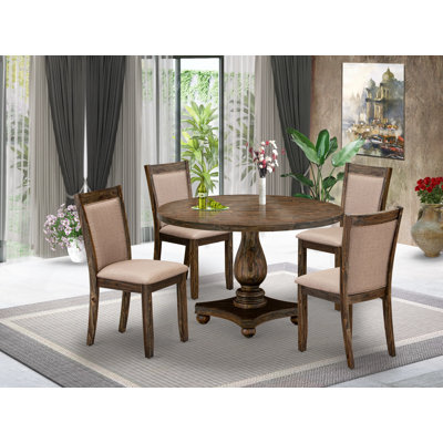 5 Piece Dining Room Table Set Contains a Modern Dining Table and 4 Dark Khaki Linen Fabric Mid Century Dining Chairs with High Back - Distressed Jacobean Finish